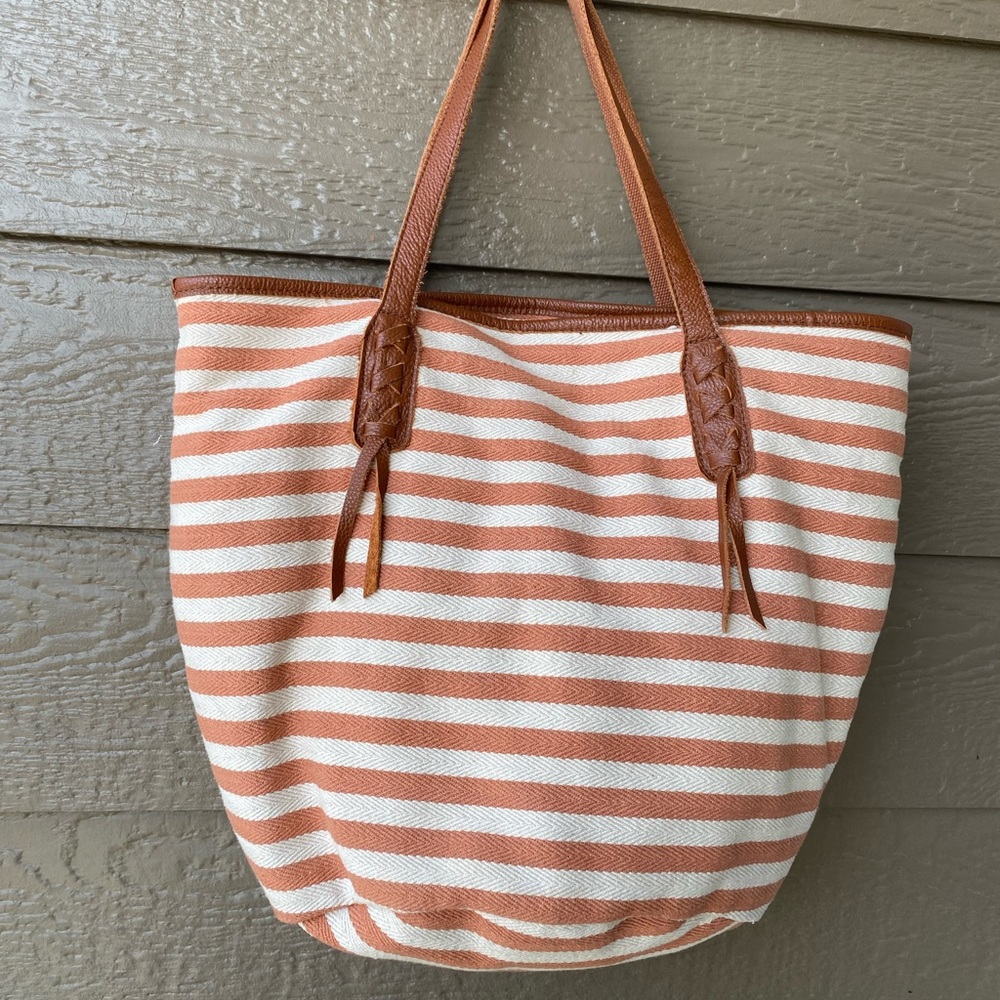 Giando Massi Leather and Striped Cotton Canvas Tote Bag